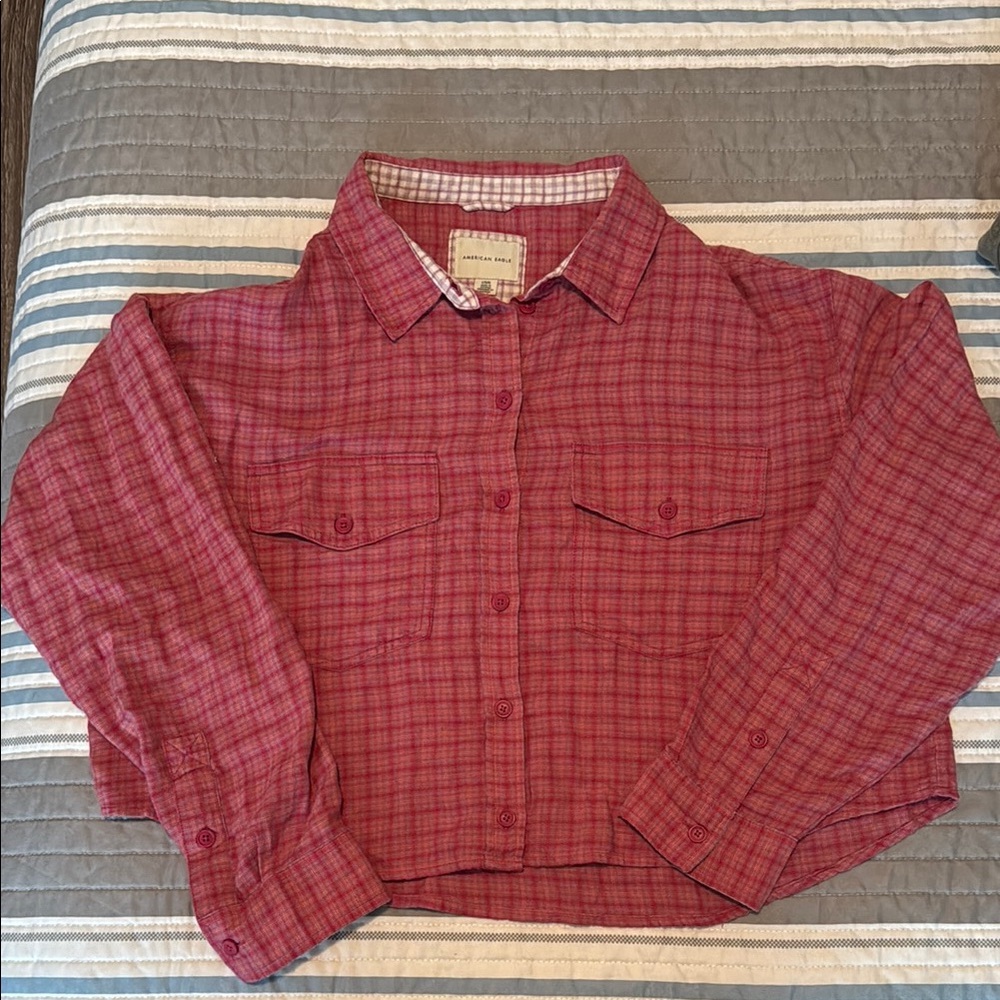 Cropped Pink Plaid Button-Up